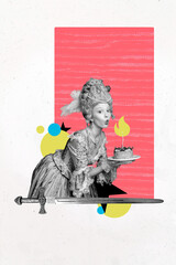 Sketch design trend artwork poster photo collage of style accessory dress historical opulence elegance young lady blow candle cake birthday