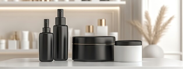 A collection of elegant black and white skincare products is beautifully arranged on a minimalist display, illuminated by the soft light of daylight