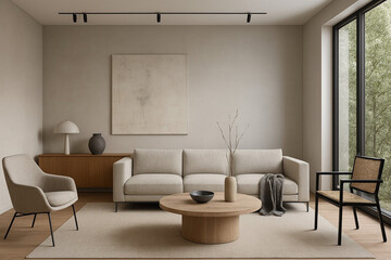 Fototapeta premium Modern minimalist interior. Bright living room with a comfortable sofa, wooden coffee table and stylish accessories