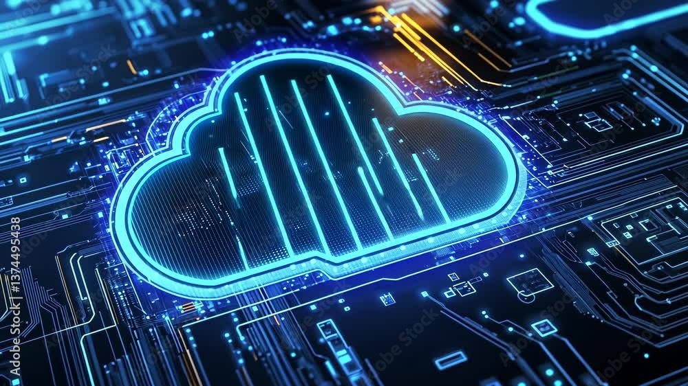 Poster digital cloud symbol on a circuit board background with glowing lines and connections