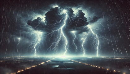 A dramatic widescreen image of a powerful lightning storm. The scene showcases multiple bright, jagged lightning bolts striking down from dark storm