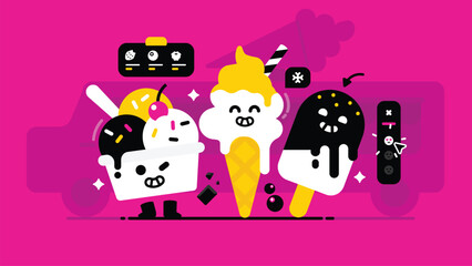 Naklejka premium Set of tasty ice creams, collection of cute Cup ice cream, Chocolate bar ice cream and Soft serve cone, Smiley sweet Food, flat Vector illustration.