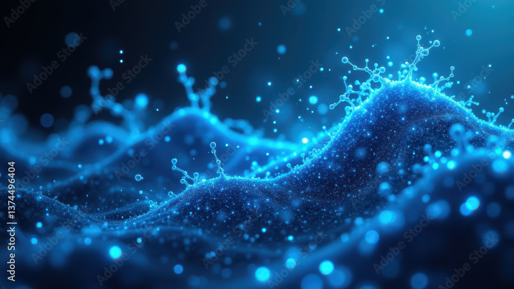 Poster a dynamic visual representation of a glp-1 molecule with abstract blue particles that resemble water