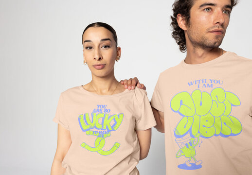 Couple in Matching T-shirts in Studio.PSD mockup