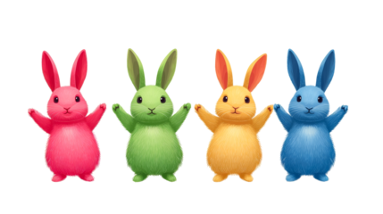 Colorful bunnies raising paws, cartoon style, happy, cut out transparent