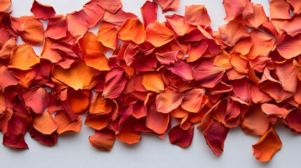 A close-up of dried safflower petals in rich orange-red tones, arranged on a smooth white background, highlighting their intricate shapes and details.
