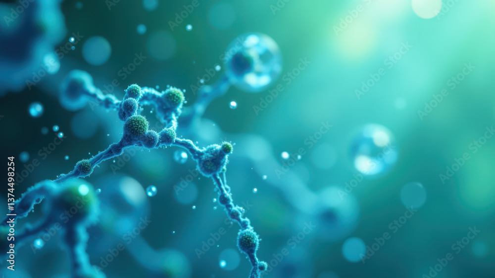 Poster high-resolution microscopic view of glp-1 cells within a blue liquid medium.