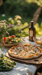 Enjoy a Delicious Pizza and Fresh Salad Picnic Setup in a Beautiful Sunny Outdoor Setting for Everyone