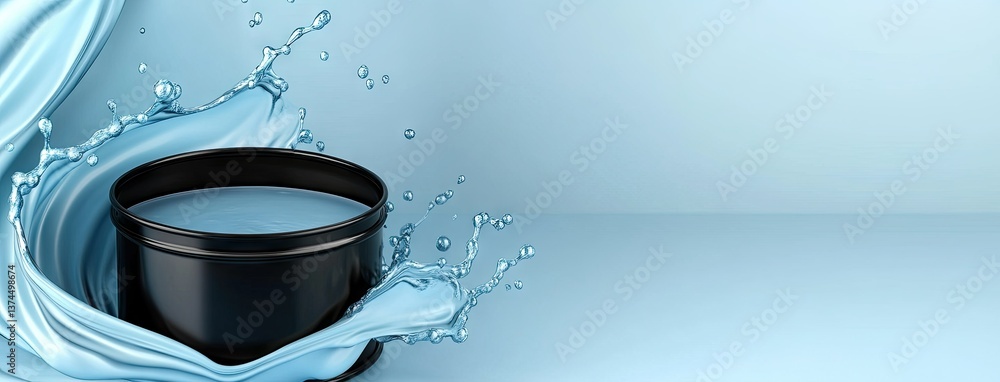 Poster splashing water around a black container filled with light blue liquid, creating a dynamic fluid mot