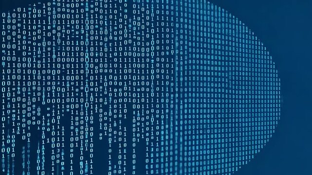 Digital binary code creating abstract patterns on a blue background showcasing technology and data in an innovative visual display