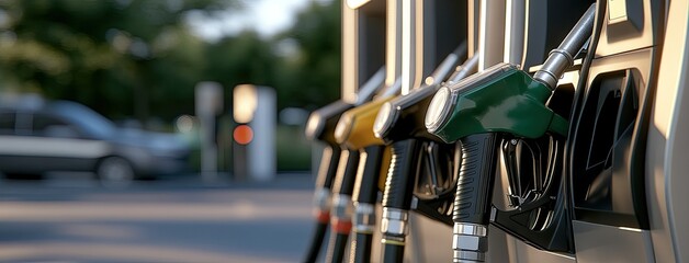 Obraz premium Fuel pumps lined up at a gas station during a bright afternoon in a suburban area with cars waiting to refuel