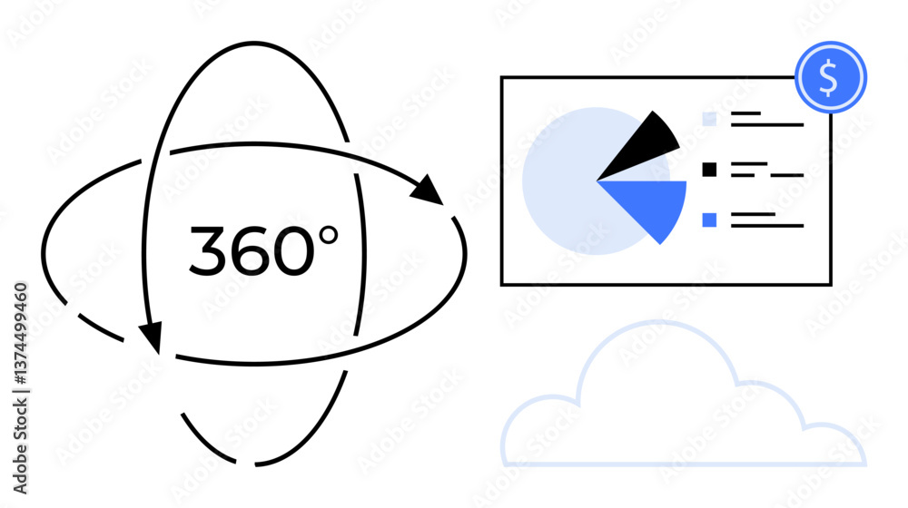 Wall mural 360 rotation symbol, pie chart with financial data points, and cloud graphic. ideal for data managem