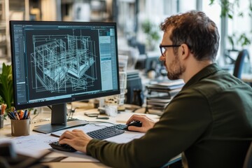 Architectural designer crafting detailed blueprints for office building using advanced cad software