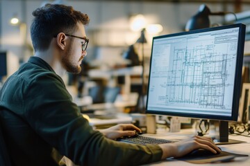 Architectural designer at work  crafting detailed blueprints for an office building project