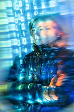 Elderly asian woman exploring virtual reality with digital fusion