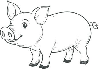 Fototapeta premium Smiling cartoon pig illustration in black and white line art, children's book. Vector illustration