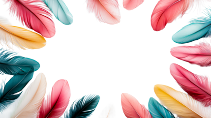 Colorful feathers frame, isolated background, soft and vibrant, cut out transparent