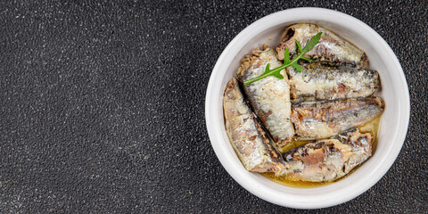 Sardine canned fish dish fresh delicious gourmet food background on table rustic food top view copy space pescetarian diet