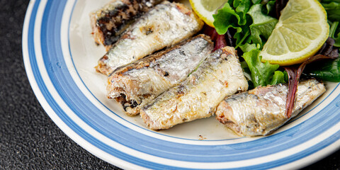 Sardine canned fish dish fresh delicious gourmet food background on table rustic food top view copy space pescetarian diet