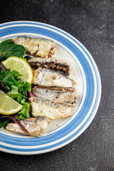 Sardine canned fish dish fresh delicious gourmet food background on table rustic food top view copy space pescetarian diet