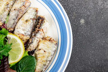 Sardine canned fish dish fresh delicious gourmet food background on table rustic food top view copy space pescetarian diet