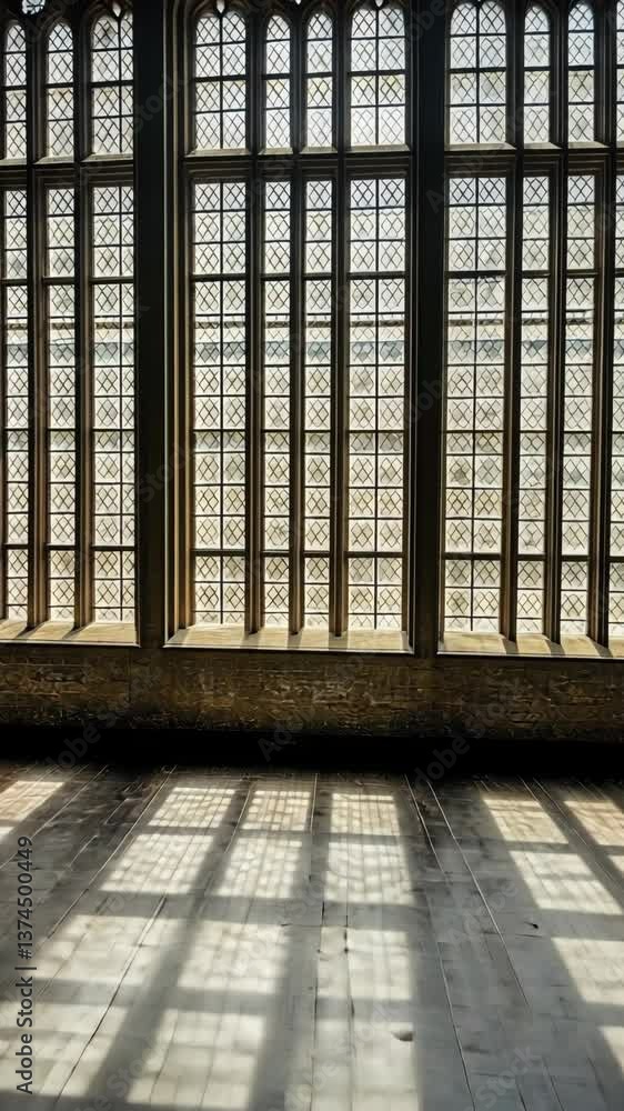 Aufkleber light streaming through ornate windows casts intricate shadows on a stone floor in a historic buildi