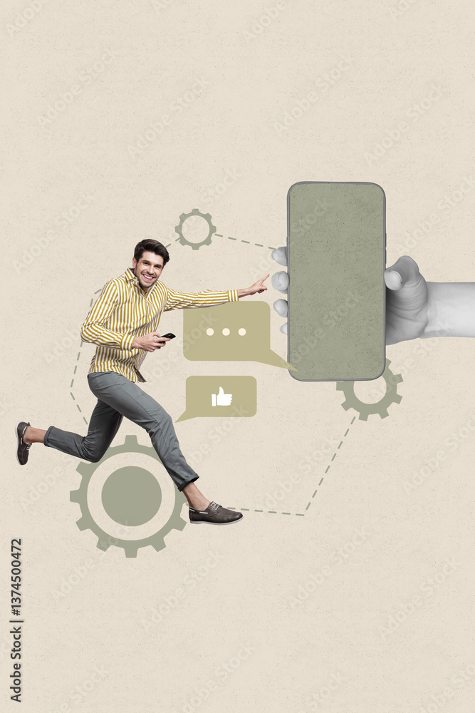 Aufkleber poster template collage of guy running point finger on phone screen with like button