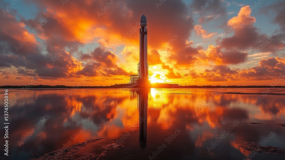 Aufkleber rocket stands ready for launch, silhouetted against a vibrant sunset. the colorful sky reflects in t