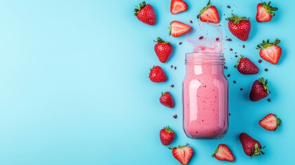 Obraz premium Juicy Ripe strawberries being blended into a thick and refreshing smoothie.