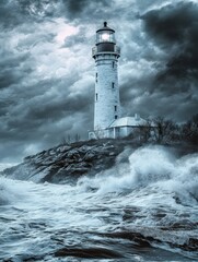 Lighthouse stands tall against stormy seas at twilight