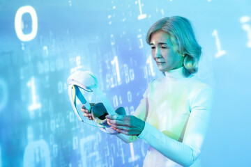 Elderly asian woman exploring virtual reality