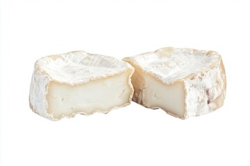 Fresh camembert cheese with sliced camembert isolated. Top view of camembert cheese piece on white background. Brie cheeses. Dairy products. Set of big round french cheeses with white mold.