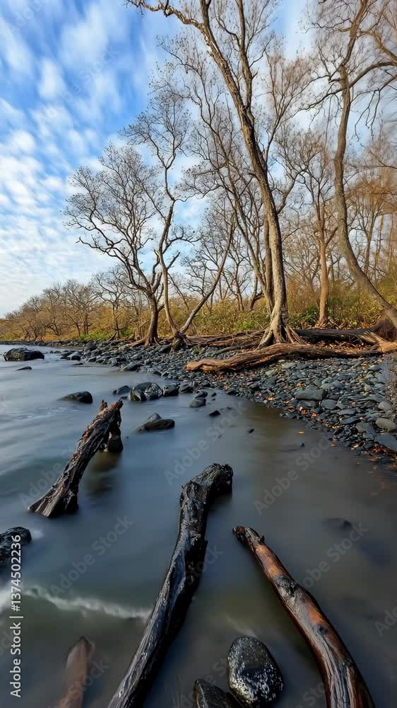 Aufkleber scenic riverside view with trees and rocks in a tranquil environment during daytime