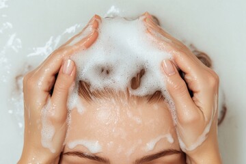 Fototapeta premium close-up photo of hands gently massaging scalp with luxurious lather from hair care products capture natural shine