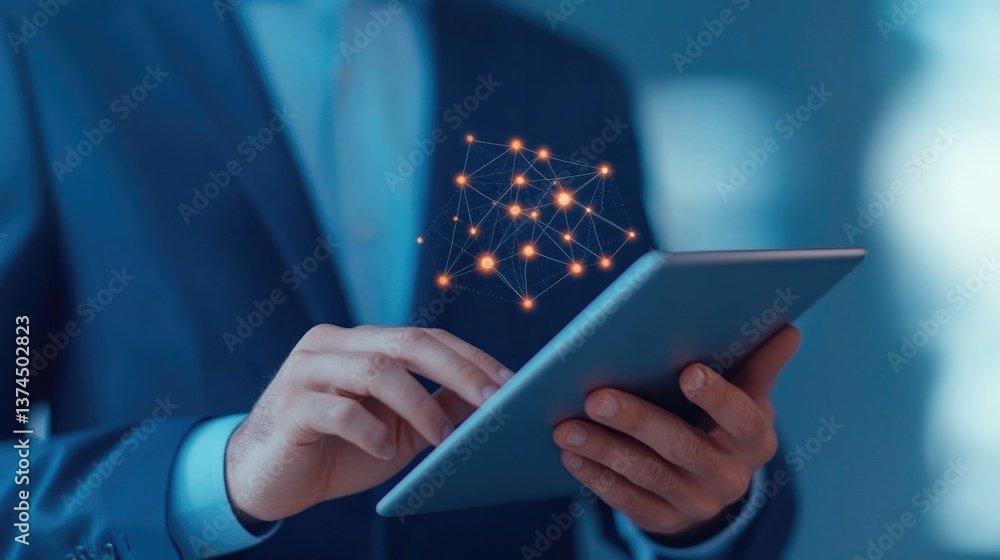 Poster digital interface displaying interconnected blockchain nodes representing financial transactions wit
