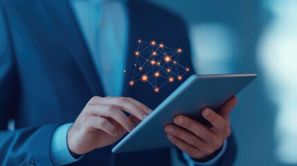 digital interface displaying interconnected blockchain nodes representing financial transactions with business professional