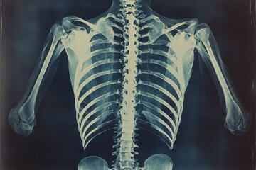 This photo shows an xray image revealing the skeletal structure of the back including the vertebrae ribs and pelvis Full view of the ribcage in Xray .