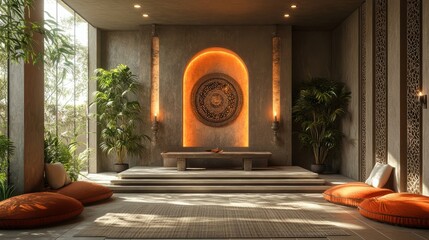 A modern podium with vibrant Eastern designs, soft lighting, and luxurious textures