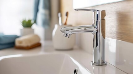 Close-up of modern chrome faucet in minimalist bathroom interior with natural light and soft decor.