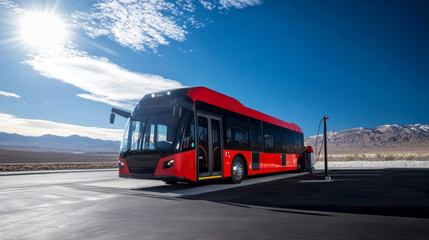 Fototapeta premium An electric bus is charging at a station beneath a clear blue sky. The surrounding landscape features mountains and a calm, sunny atmosphere, ideal for sustainable transport.
