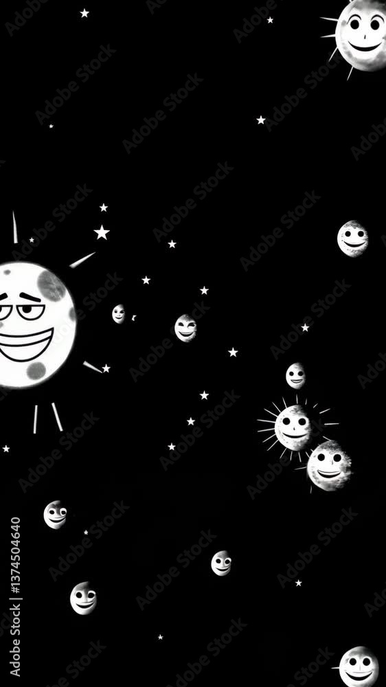 Aufkleber A black and white photo of a smiling moon and a group of smiling faces. The moon is positioned in the center of the image and is surrounded by a cluster of smiling faces