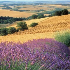 Fototapeta premium Lush lavender fields contrasting with golden farmland