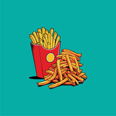 Vector Illustration of Golden and Crispy French Fries in a Red Paper Package