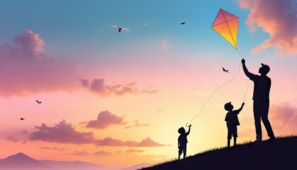 Father and Sons Flying a Kite at Sunset: A heartwarming silhouette of a father and his two sons enjoying a kite at sunset, symbolizing family, joy, and togetherness.