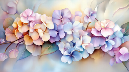 vibrant cluster of blooming hydrangea flowers in soft pastel hues of blue, purple, and pink, surrounded by delicate green leaves, creating serene and dreamy atmosphere