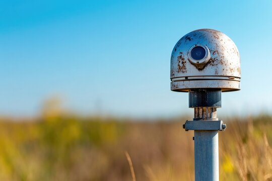 close-up of weather-resistant gnss base station continuously collecting geospatial data with copy space