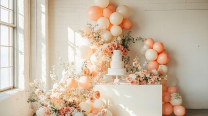 Elegant Wedding Cake Display with Peach and Ivory Balloons and Flowers