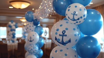 Elegant Blue and White Balloon Arch with Anchor Design