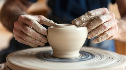 close-up shot of hands skillfully molding pottery on spinning wheel illustrating mastery and tradition