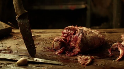 Raw meat, bone, and knife on a wooden cutting board